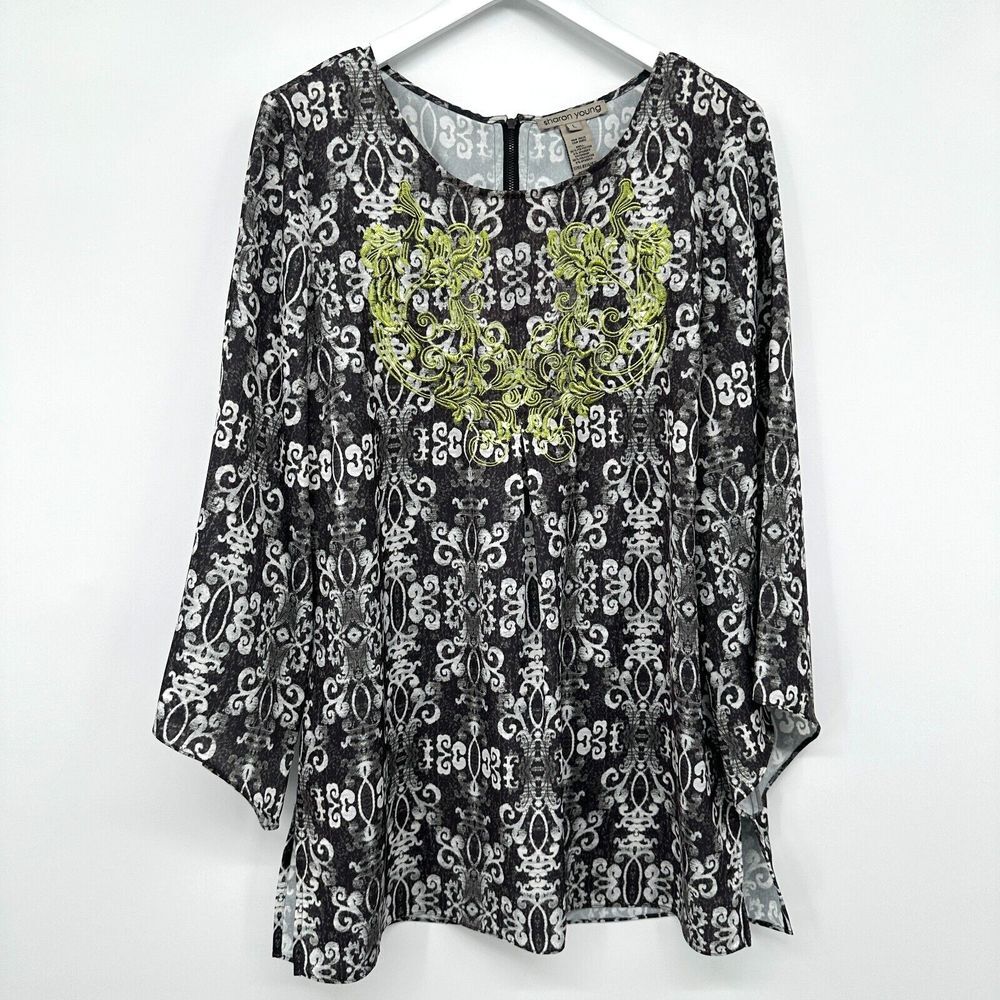 Sharon Young Tunic Top Shirt Size Large Long Flare Sleeve Embroidered Blouse